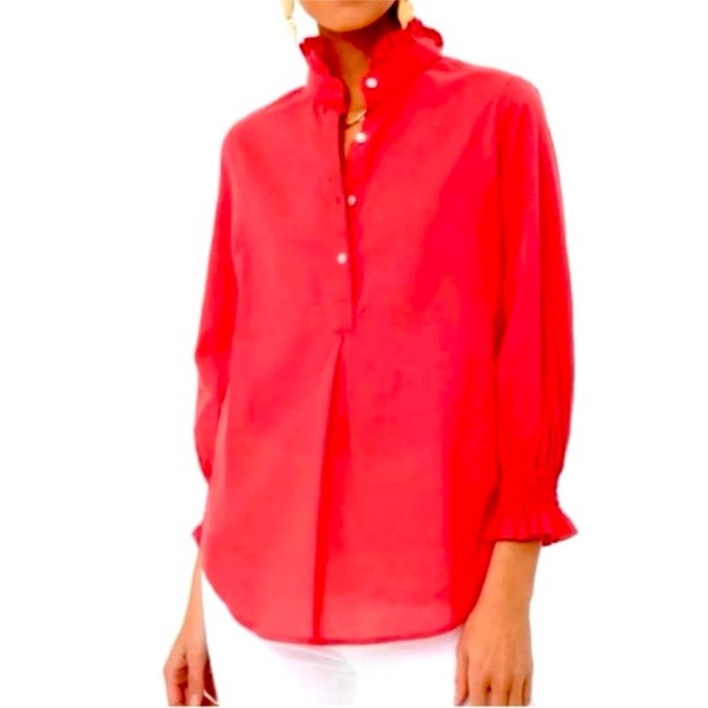 Tuckernuck Teagan Popover Shirt in Poppy Red, 3/4 Sleeve Blouse, Size SMALL NWOT